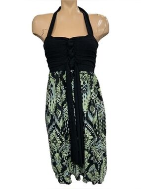 Margarita Black Halter Dress with Green Geometric Print Skirt Size M